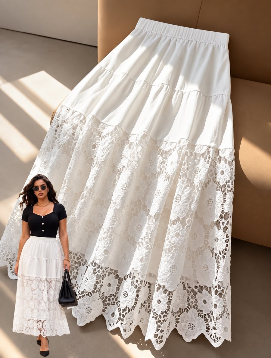 White Tiered Maxi Skirt with Floral Lace
