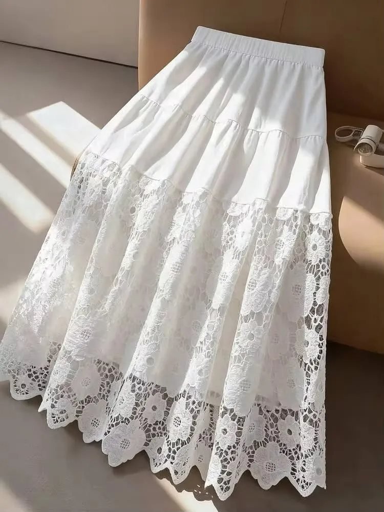 White Tiered Maxi Skirt with Floral Lace