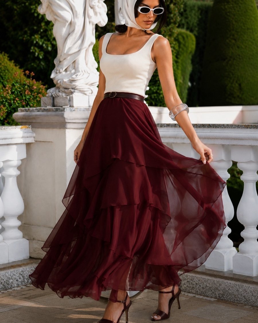 Burgundy Tiered Maxi Skirt