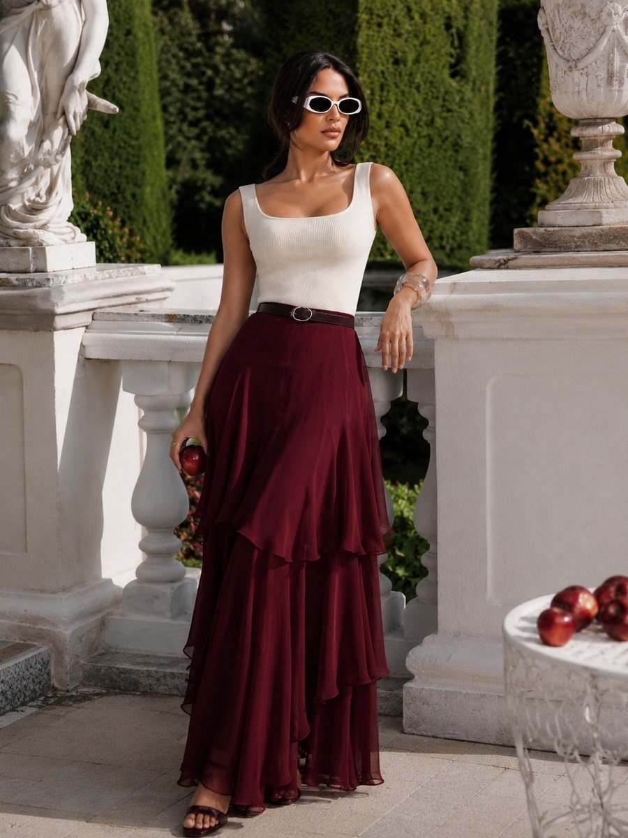 Burgundy Tiered Maxi Skirt