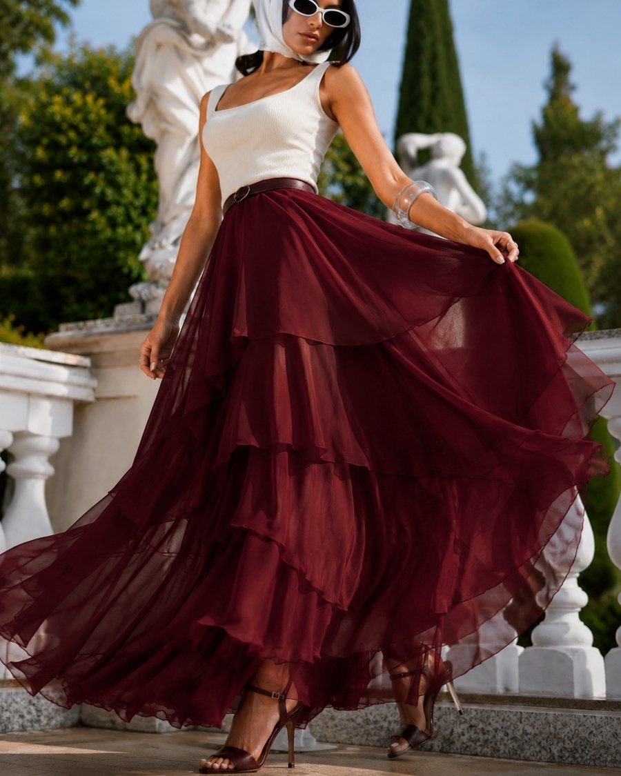 Burgundy Tiered Maxi Skirt